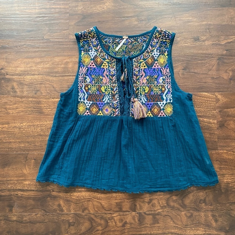 Free People Lohri Embroidered Tassel Top Teal Size Small